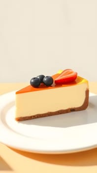 A delicious slice of cheesecake is presented on a white plate, adorned with fresh blueberries and a slice of strawberry, highlighting its creamy texture and vibrant colors.