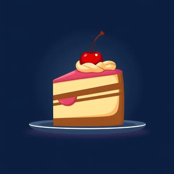 A slice of chocolate cake sits on a plate, topped with a cherry and whipped cream, contrasting beautifully with the dark background, making it an inviting dessert choice.