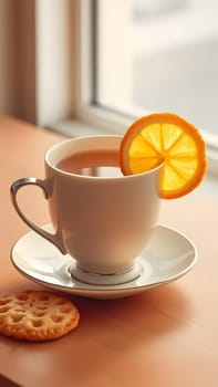 A cozy scene showing a white cup filled with warm tea, garnished with a slice of lemon. A cookie rests on the saucer beside it, with sunlight streaming through the window.