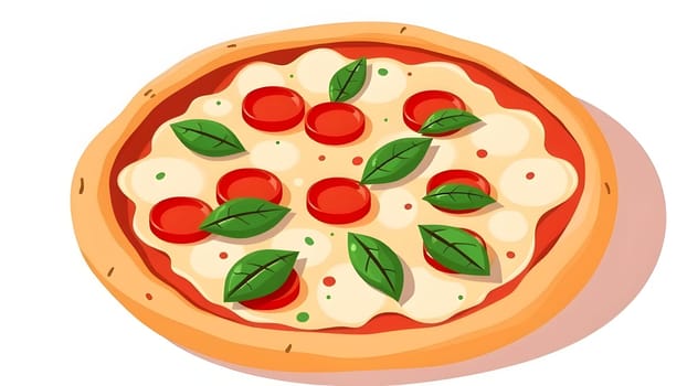 A freshly baked pizza topped with vibrant pepperoni slices and green basil leaves sits invitingly on a wooden table, showcasing its delicious toppings and golden crust.