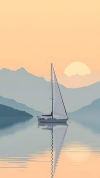 A serene sailboat floats on still waters as the sun sets behind majestic mountains. The vibrant colors reflect on the water, creating a tranquil scene of nature's beauty.