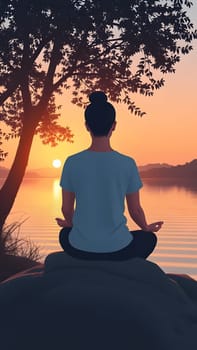 A tranquil setting features a woman sitting cross-legged on a rock by a lake, meditating as the sun sets, casting warm colors across the water and surrounding trees.