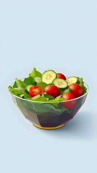 A colorful salad featuring crisp greens and ripe cherry tomatoes sits in a stylish bowl against a light backdrop, showcasing healthy eating and freshness.