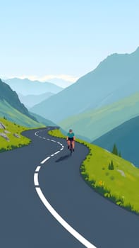 A cyclist pedals along a winding road, surrounded by lush green mountains under a clear blue sky. The peaceful scene captures the joy of biking in nature.
