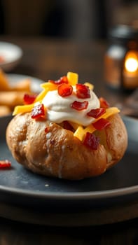 A baked potato sits on a dark plate, adorned with shredded cheese, crispy bacon bits, and a dollop of sour cream, creating a comforting and indulgent dish perfect for sharing.