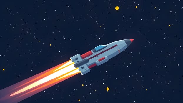 A sleek rocket is launching into the depths of space, leaving behind bright fiery trails. The background is filled with twinkling stars and a dark cosmic expanse.
