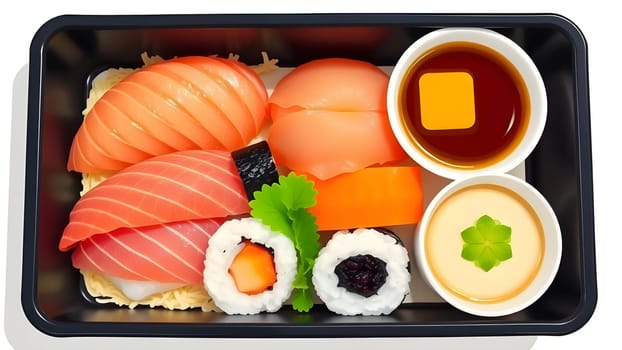 A vibrant platter features a variety of sushi including salmon and tuna, complemented by rolls and dipping sauces. The fresh ingredients create an appetizing display, perfect for a meal on the go.