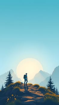 A lone hiker stands on a rocky outcrop, gazing at the rising sun over majestic mountains. The scene is vibrant, with lush greenery and towering trees framing the breathtaking view.