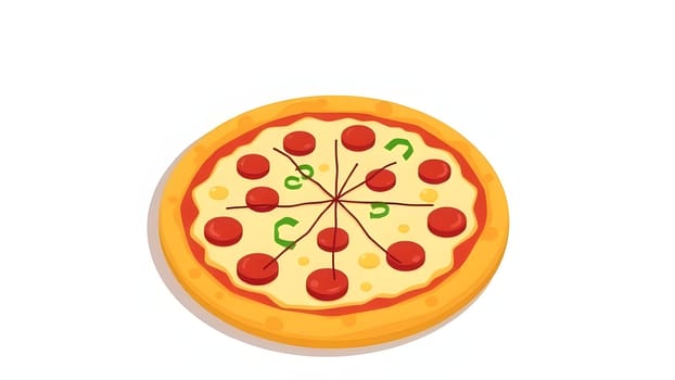 A vibrant cartoon pizza features a golden crust topped with pepperoni, green peppers, and melted cheese, resting on a clean white background. It's a playful representation of a favorite dish.