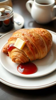 A buttery croissant sits on a white plate, topped with a small pat of butter and a dollop of tomato ketchup, with a warm drink nearby, creating a comforting breakfast setting.