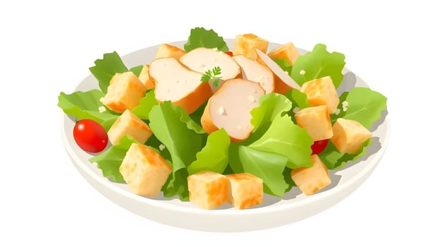 A vibrant salad featuring crisp green lettuce, sliced chicken breast, crunchy croutons, and juicy cherry tomatoes arranged elegantly on a white plate. Perfect for a healthy meal.