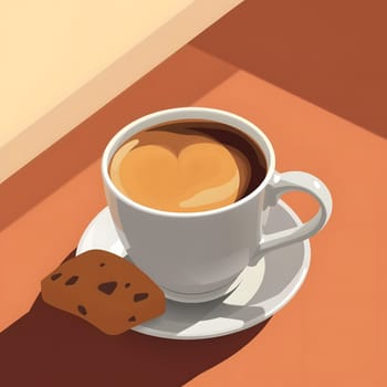 A warm cup of coffee featuring heart-shaped latte art sits on a table beside a chocolate chip cookie. The sunlight casts soft shadows, creating a cozy atmosphere.