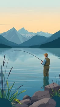 A man stands waist-deep in a tranquil lake, casting his line toward the mountains as the sun sets. The calm waters reflect the stunning landscape and create a serene atmosphere.