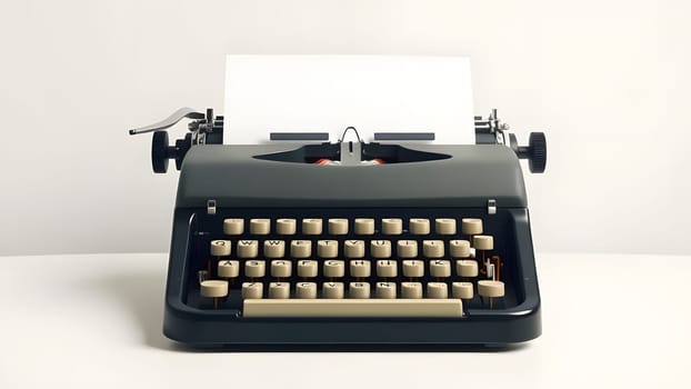 A vintage black typewriter sits on a minimalist white desk, featuring cream-colored keys. Blank paper awaits typing, evoking nostalgia for writing and creativity.
