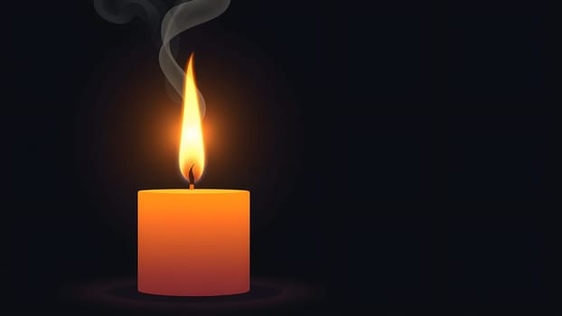 A solitary candle burns in the dark, casting a warm glow while smoke curls upwards. The atmosphere is serene, evoking a sense of calm and tranquility.