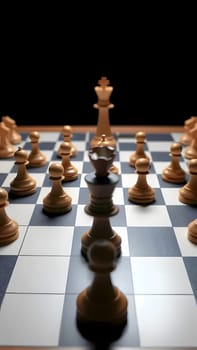 A detailed arrangement of a wooden chessboard shows pieces ready for an intense match, highlighting strategic positions of kings, queens, and pawns in low light.