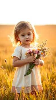 A child stands in a golden field at sunset, smiling softly while holding a bouquet of wildflowers. The warm light illuminates their hair, creating a serene and joyful atmosphere.