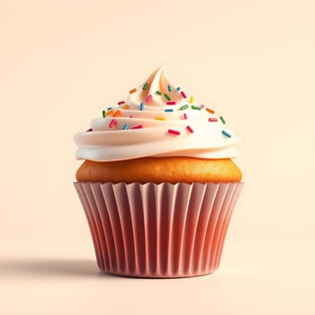 A beautifully crafted vanilla cupcake features a swirl of creamy frosting topped with vibrant sprinkles. The bright colors and soft textures create an inviting dessert display.