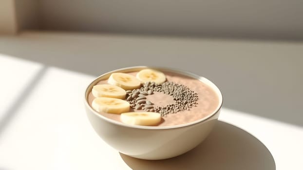 A bowl filled with a creamy smoothie base is adorned with fresh banana slices and chia seeds, beautifully illuminated by natural light. The setting evokes a sense of freshness and health.