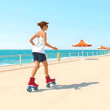 A woman enjoys roller skating along a beachfront promenade under a clear blue sky. The view features beach umbrellas and calm ocean waves in the background.