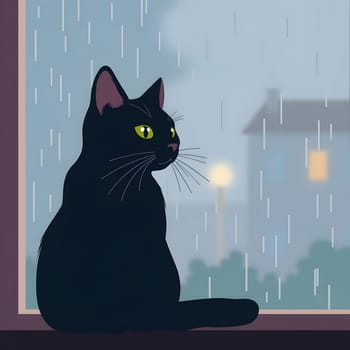 A black cat sits by a window, watching raindrops slide down the glass. The soft glow from outside and the blurred silhouette of a house create a cozy atmosphere on a rainy evening.