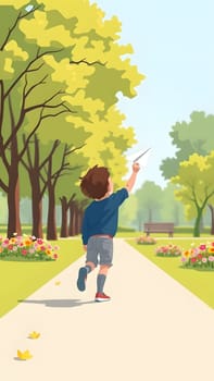 A child joyfully runs down a pathway in a park, holding a kite. The scenery includes lush green trees and vibrant flowers under a bright blue sky, creating a cheerful atmosphere.