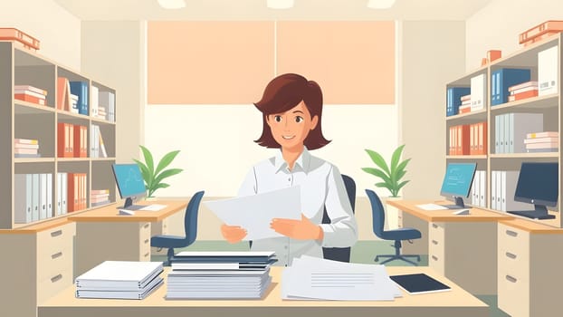 A woman in a white shirt smiles while sorting through paperwork in a tidy office. She is surrounded by shelves of files, computers, and plants, creating a productive atmosphere.
