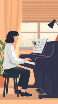 A young woman sits on a stool, playing piano in a cozy room filled with natural light. Sheet music rests on the stand as houseplants add a touch of nature to the space.
