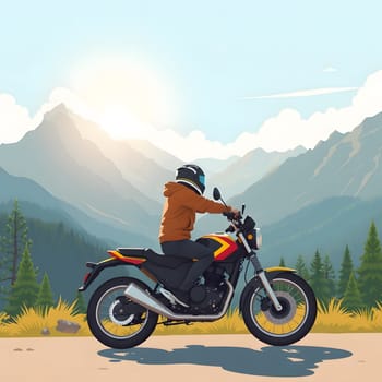 A motorcyclist in a brown hoodie rides a colorful bike along a winding road. The backdrop features majestic mountains and a sunset illuminating the forested landscape.