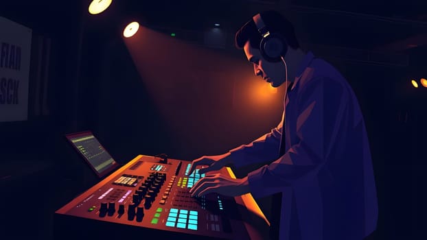 A DJ mixes tracks at a lively night club, surrounded by colorful lights. The atmosphere is energetic as the crowd dances, showcasing the excitement of the nightlife scene.