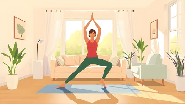 A woman stands in a warrior pose on a yoga mat in a sunny living room filled with plants and comfortable furniture. She enjoys her yoga practice in a serene setting.