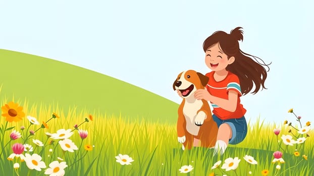 A young girl is happily interacting with her brown and white dog amidst vibrant flowers in a lush green field on a bright spring day. Their playful energy fills the scene with joy.