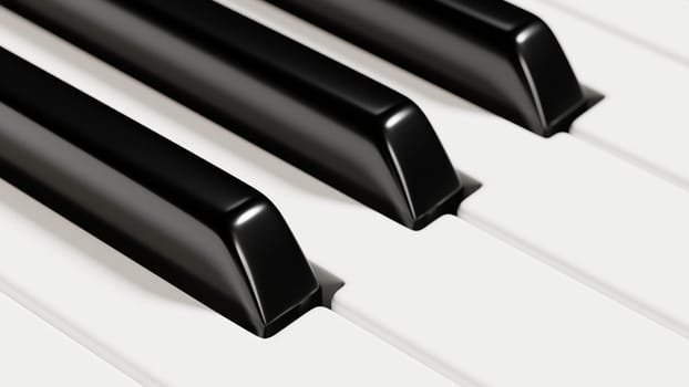 Piano keyboard close up view of black and white keys. Musical background. 3D illustration