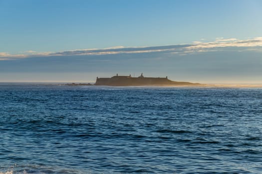 View of Praia de Moledo and Fortress Insua in Caminha, Portugal
