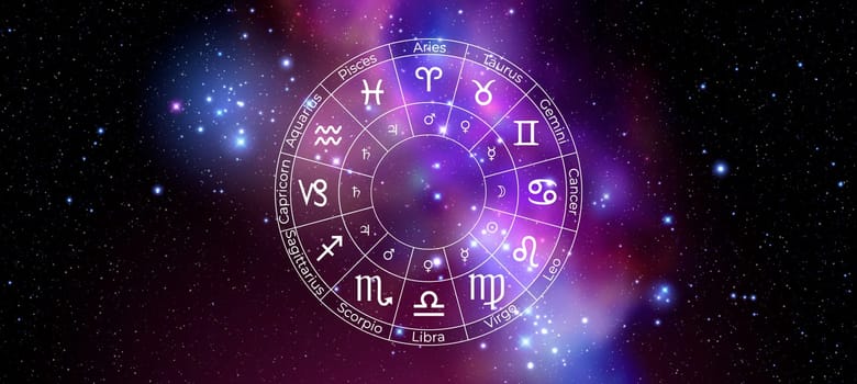Circle with Zodiac Signs on Colorful Starry Space Background