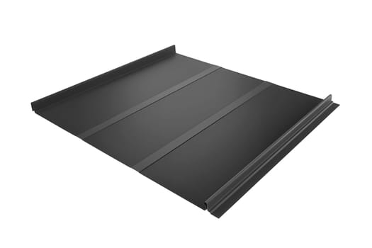 Black retro roof panel with standing seam and fasteners. Modern galvanized steel roofing sheet with ribs isolated on white background. Classic style black metal panel with rebate joint. Falz roofing