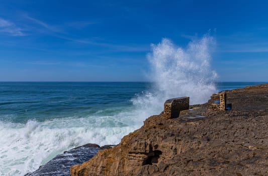 View of ocean waves and fantastic rocky coast in Ericeira, near Lisbon. Portugal