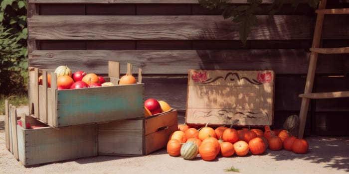 Bright orange pumpkins on the ground and in boxes under a weathered wooden sign mockup. Concept seasonal holidays and tasty harvest.