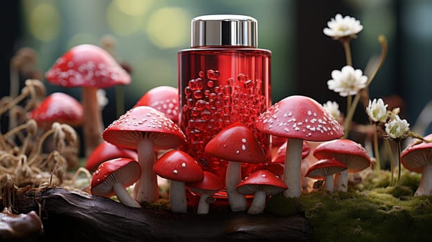 red bottle with gel-like liquid stands among fly agarics in the forest, close-up. concept of cosmetics and medicine