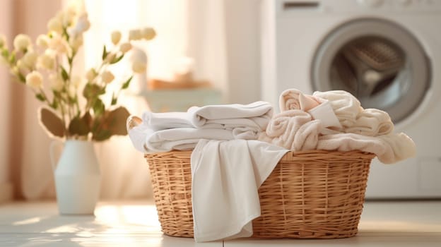 wicker basket with white and beige towels in sunlit laundry room with washing machine in background.