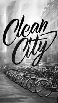 black and white image of a bicycle parking with the inscription Clean City . concept of caring for the environment and clean air