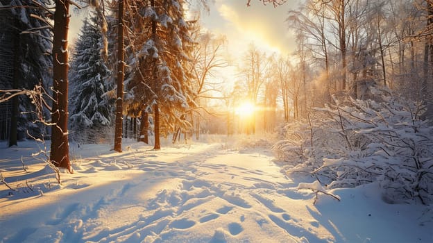 Snow field with footprints in deep snow in a clearing. The rays of the sun break through from behind the trees.