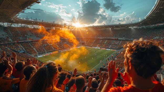 A crowded stadium filled with excited clapping and shouting fans