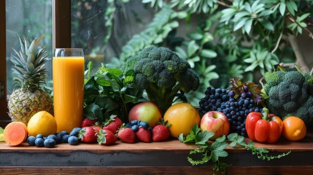 A glass of orange-carrot juice with berries and fruits on the table.proper nutrition and self-care