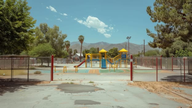 A deserted outdoor playground on a hot sunny day.