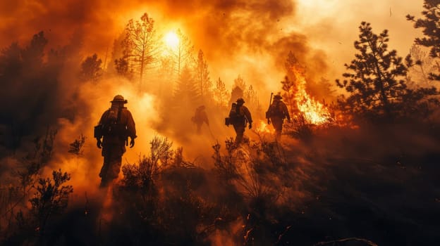 Silhouettes of firefighters move through smoke and flames as they battle a raging wildfire at sunset. Copy space
