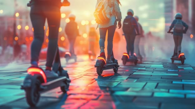 Electric mobile transport, people on shared trips or rented personal ecological transport. Mobility in the city