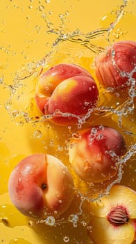 Falling fresh peaches in water with splashes, isolated on bright yellow background close-up