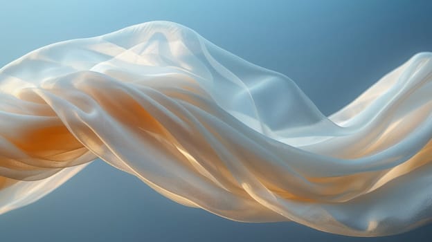 Light white transparent shiny fabric fluttering in the wind on blue background. Abstract background