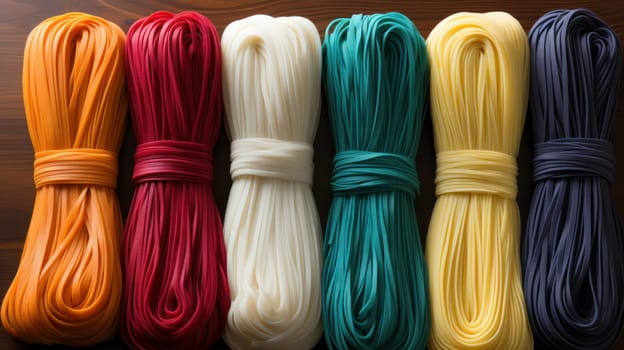 Synthetic plastic cord in different colors in the rollons on the wooden surface .